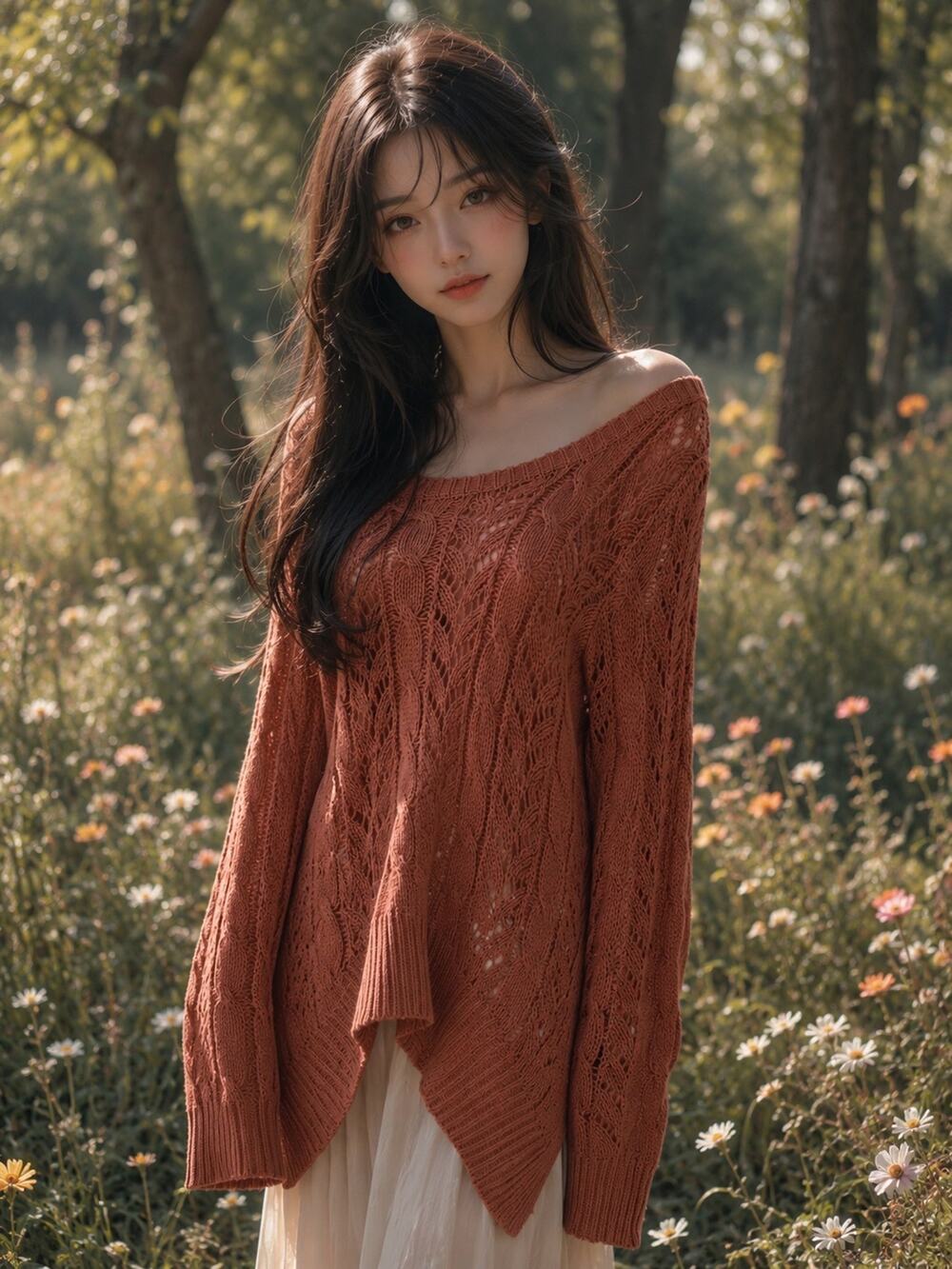 Autumn Sunset + Meadow Whispers terra-cotta pointelle daydream scoop sweater